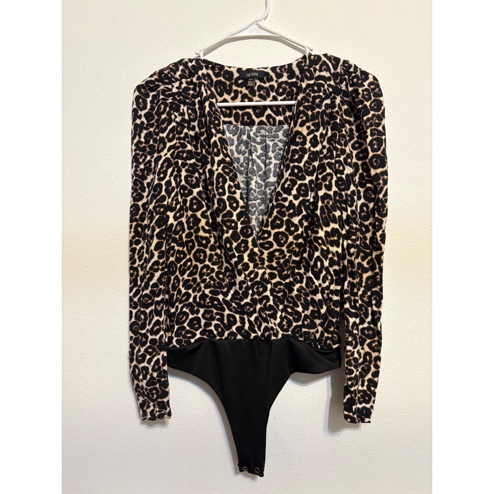 AFRM Womens Leopard Print Long Sleeve Wrap V-Neck Thong Bodysuit Brown Small